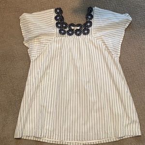 Madewell White Pinstripe Dress with Navy Crochet Neckline